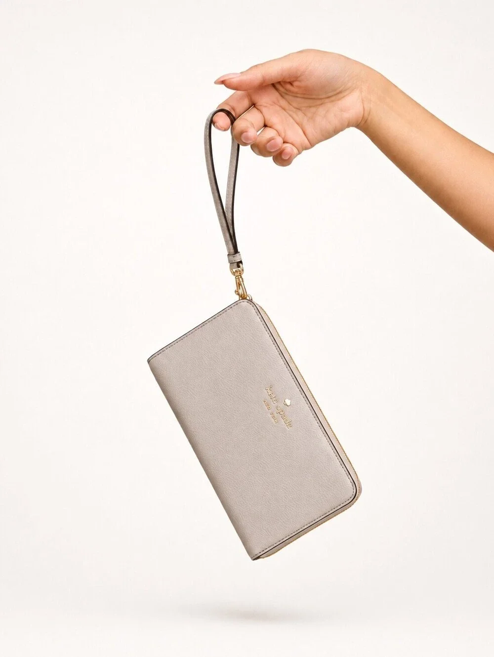 NWT KATE SPADE Wristlet Wallet Clutch Organizer Stone Gray Gold Zip Flawed